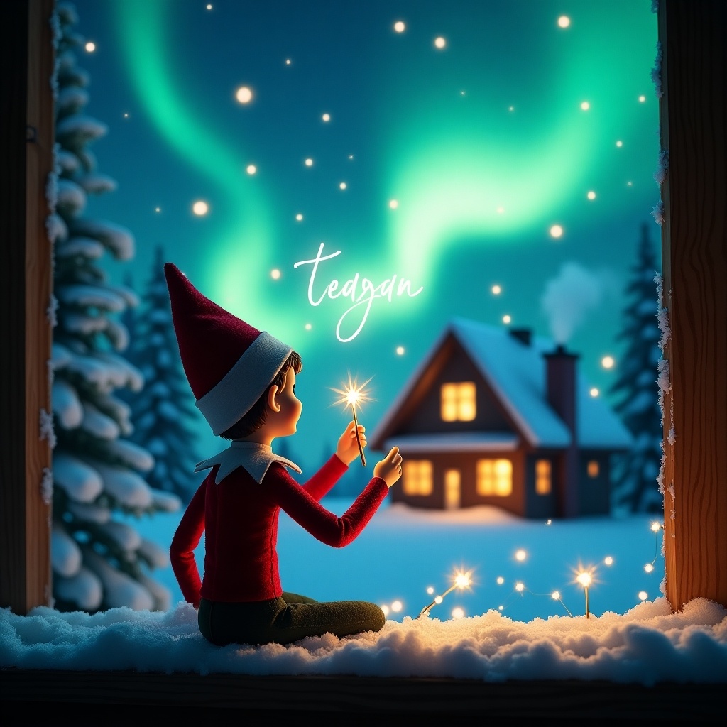 An enchanting Christmas scene comes to life with an elf on the shelf sitting on a snowy ledge. The elf faces the mesmerizing northern lights that illuminate the night sky. In his hands, he holds a wand and magically writes the name 'Teagan' among the stars. A cozy cabin is visible in the background, with smoke gently drifting from its chimney. Snow-covered trees frame the scene, enhancing the winter wonderland atmosphere.