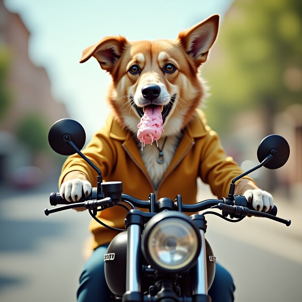 A dog riding a motorcycle while enjoying ice cream. The dog wears a stylish jacket and holds an ice cream cone in its mouth. The motorcycle is parked in an urban setting, showcasing a vibrant street scene.