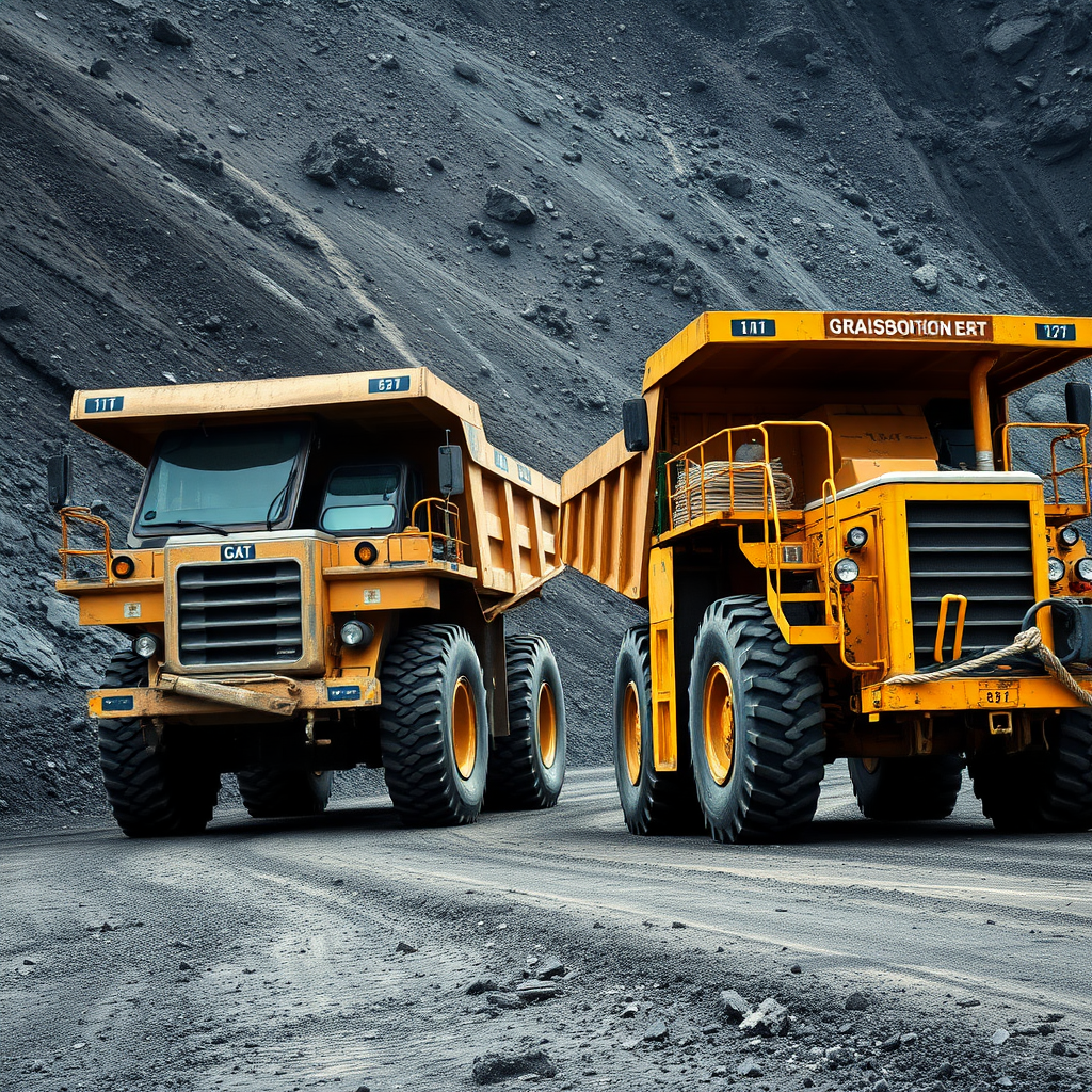 Two large yellow mining trucks are parked on a rocky, dusty landscape.