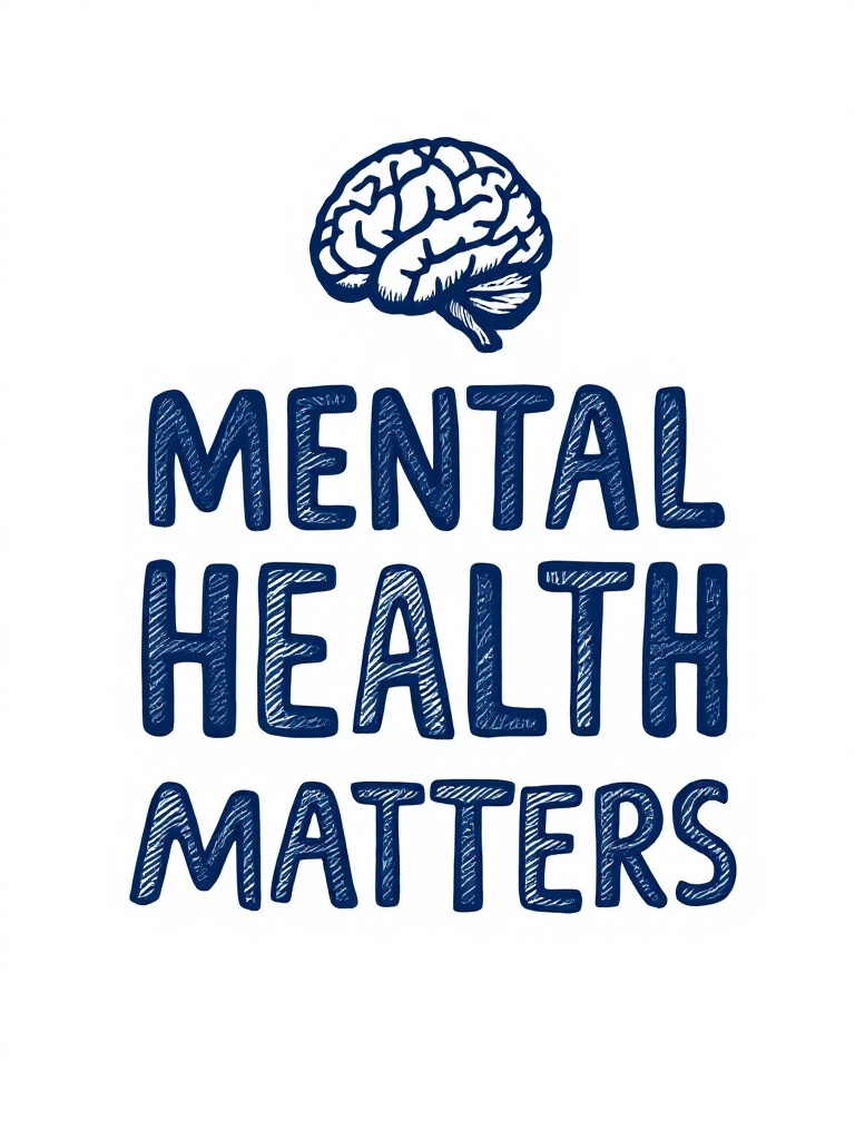 Design featuring strong text stating Mental Health Matters. Illustration of a brain above the text. Bold dark blue text on white background.