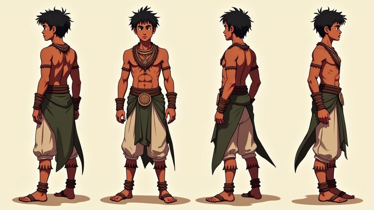 Character design of an ancient warrior, showcasing four different angles of a young man with short hair, wearing traditional tribal attire, adorned with jewelry, and standing barefoot. The background is a plain, light color focusing attention on the character.