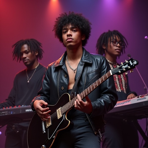 Biracial male in leather jacket and necklace plays guitar on stage. Dark-skinned male with dreadlocks holds keyboard. Dark-skinned female with curly hair and glasses sings into a microphone. Live music performance ambiance with stage lighting.