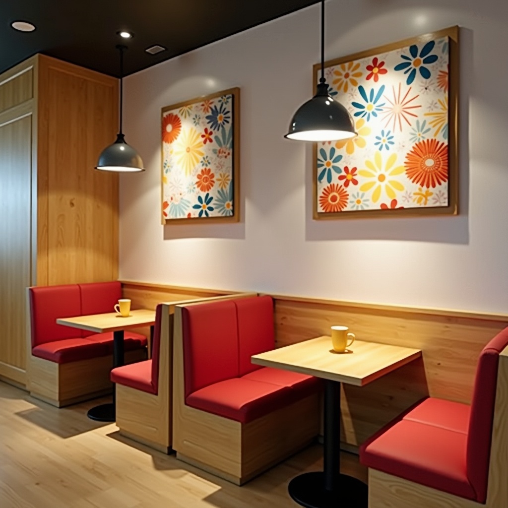 Interior of a modern cafe. Features light wood furniture with red cushioned seating. Includes vibrant wall art with colorful floral patterns. Show pendant lighting from the ceiling.