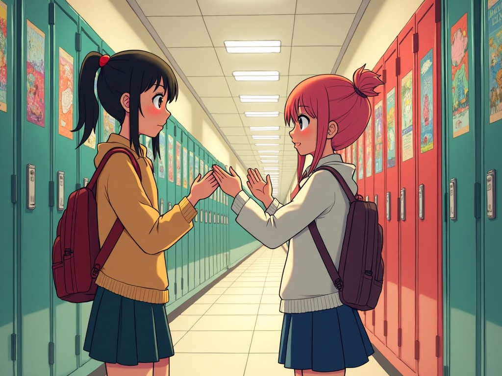 Two anime-style girls facing each other in a school hallway, one with black hair and a yellow hoodie, the other with pink hair and a white hoodie, engaging in friendly interaction, surrounded by colorful lockers and school posters.