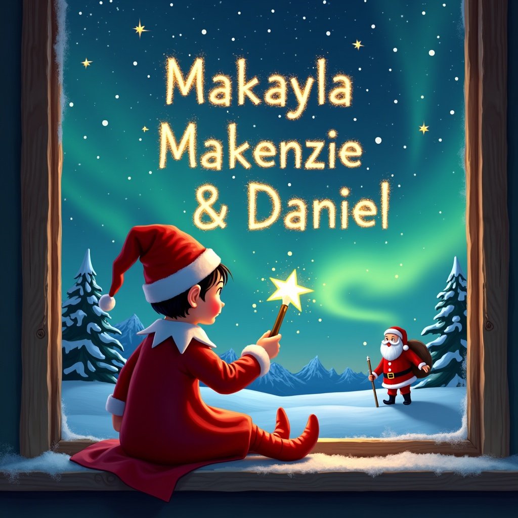 This image features a whimsical elf on the shelf, sitting by a beautifully frosted window. The elf, wearing a bright red outfit, turns its back to the viewer as it uses a wand to draw in the night sky. The backdrop showcases a vivid display of northern lights, illuminating the snowy scenery. In the distance, Santa Claus holds a staff, adding to the holiday spirit. The names 'Makayla, Makenzie & Daniel' are elegantly inscribed in the sky, surrounded by sparkling effects that enhance the festive charm.