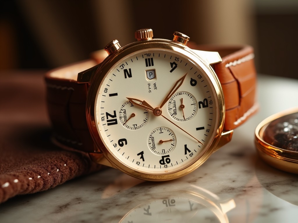 A close-up photograph of a luxury wristwatch with a gold case and brown leather strap, placed on a reflective marble surface, with warm lighting accentuating its design and details.