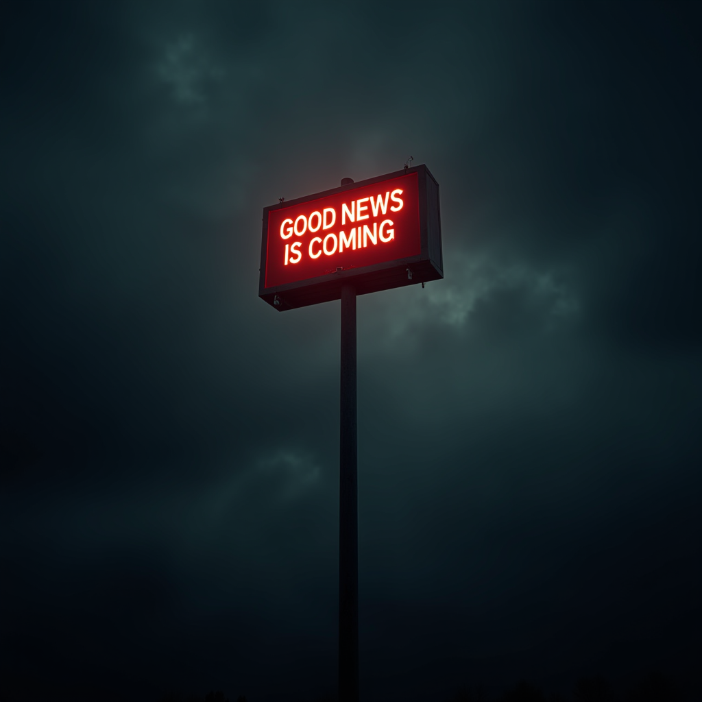 A glowing red sign with the message 'Good News Is Coming' stands against a dark, cloudy sky.