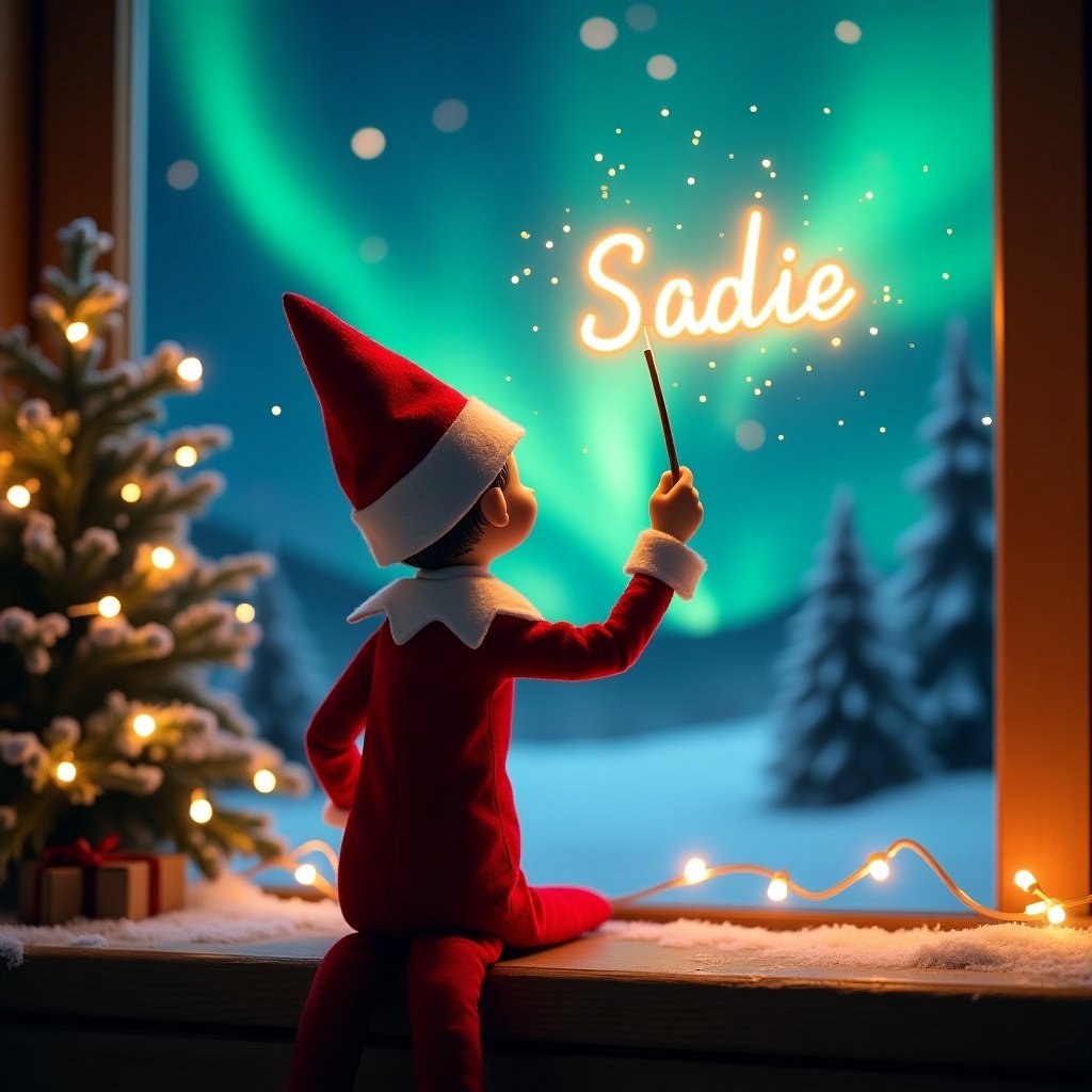 This enchanting Christmas scene features an Elf on the Shelf, dressed in a classic red and white outfit. The elf is seated at a window, facing the sky, with a magic wand in hand. He is writing 'Sadie' in a glowing, sparkling font above him. The backdrop showcases beautiful northern lights, creating a magical atmosphere. Soft fairy lights twinkle around the elf, enhancing the festive spirit. This whimsical depiction captures the joy and excitement of the holiday season, perfect for evoking wonder and cheer.