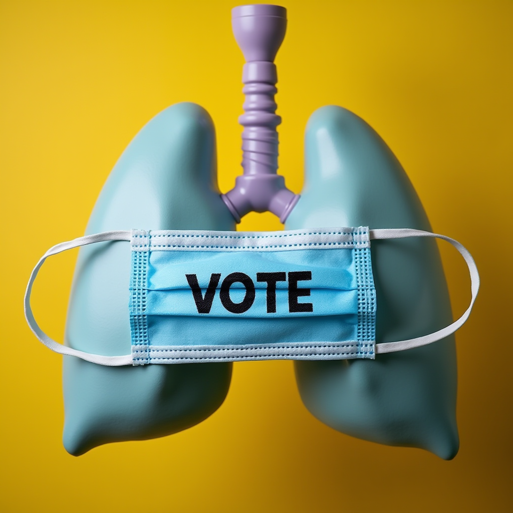 A pair of lungs model with a blue mask labeled 'VOTE' on a yellow background.