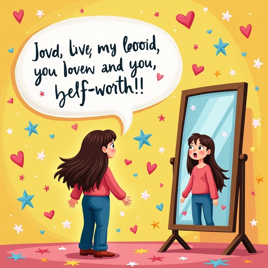 A person looking into a mirror. The person expresses love towards themselves. Colorful background filled with stars and hearts. Speech bubble with an empowering message about self-worth.