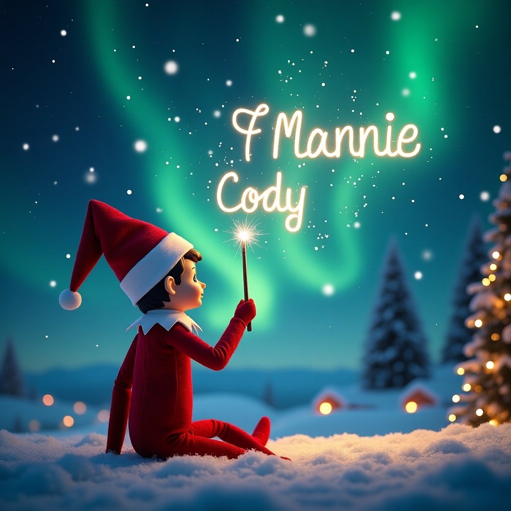 An elf on the shelf sits with its back to the viewer, gazing up at a majestic sky filled with vibrant northern lights. The elf uses a magic wand to elegantly write names in the night sky. The names 'Cody and Marnie', along with 'Sharna, Jenson, Kimmie-Rae, Ayrton & Morgan' appear shimmering above. Snow blankets the ground, with pine trees and warm lights in the background creating a magical Christmas atmosphere. The scene captures the essence of holiday whimsy and wonder.