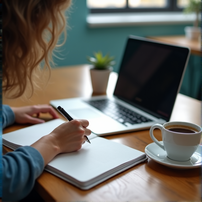 A person writing in a notebook next to a laptop and a cup of coffee.