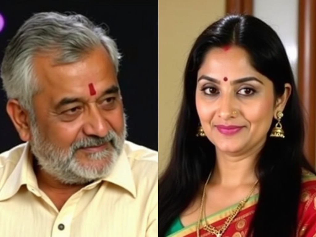 The image is divided into two sections. On the left, there is an older man with gray hair and a slight beard, wearing a traditional shirt. He has a decorative mark on his forehead, indicating cultural significance. On the right, there is a woman with long black hair, looking straight ahead. She is wearing traditional jewelry and a sari, showcasing her cultural attire. Both subjects appear to be in an indoor setting with a soft-focus background. The lighting is warm and natural, creating a pleasant atmosphere.