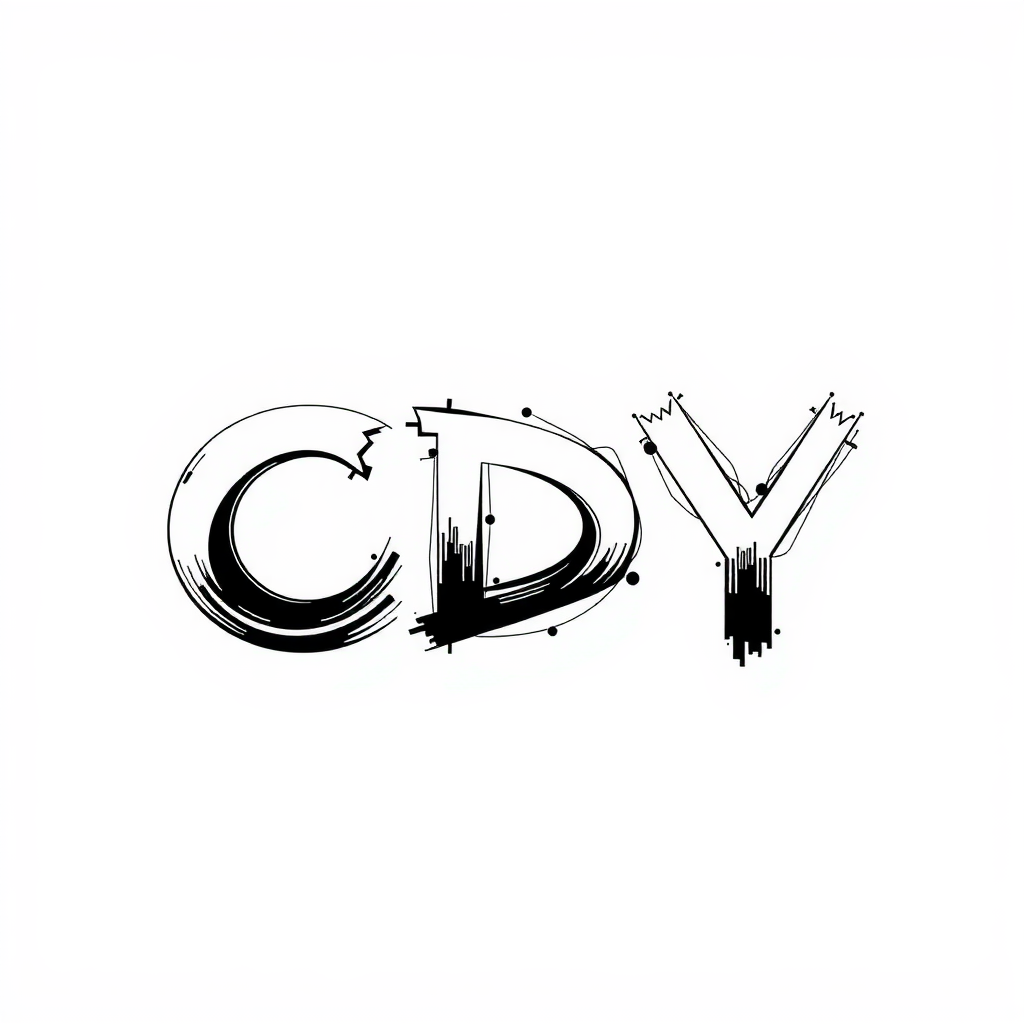 The image depicts the letters 'CDY' in a stylized graffiti font. Each letter has a unique design with bold, thick lines that feature irregular patterns and jagged edges, giving a dynamic and urban look. The letter 'C' is characterized by a bold, swirly shape with broken edges. The 'D' is distinguished by vertical lines intersecting with its curves, adding a textured appearance. The 'Y' has spiky tips, enhancing the overall edgy style. The design is black and white, focusing on sharp contrasts and artistic flair, reminiscent of modern street art or abstract typography.