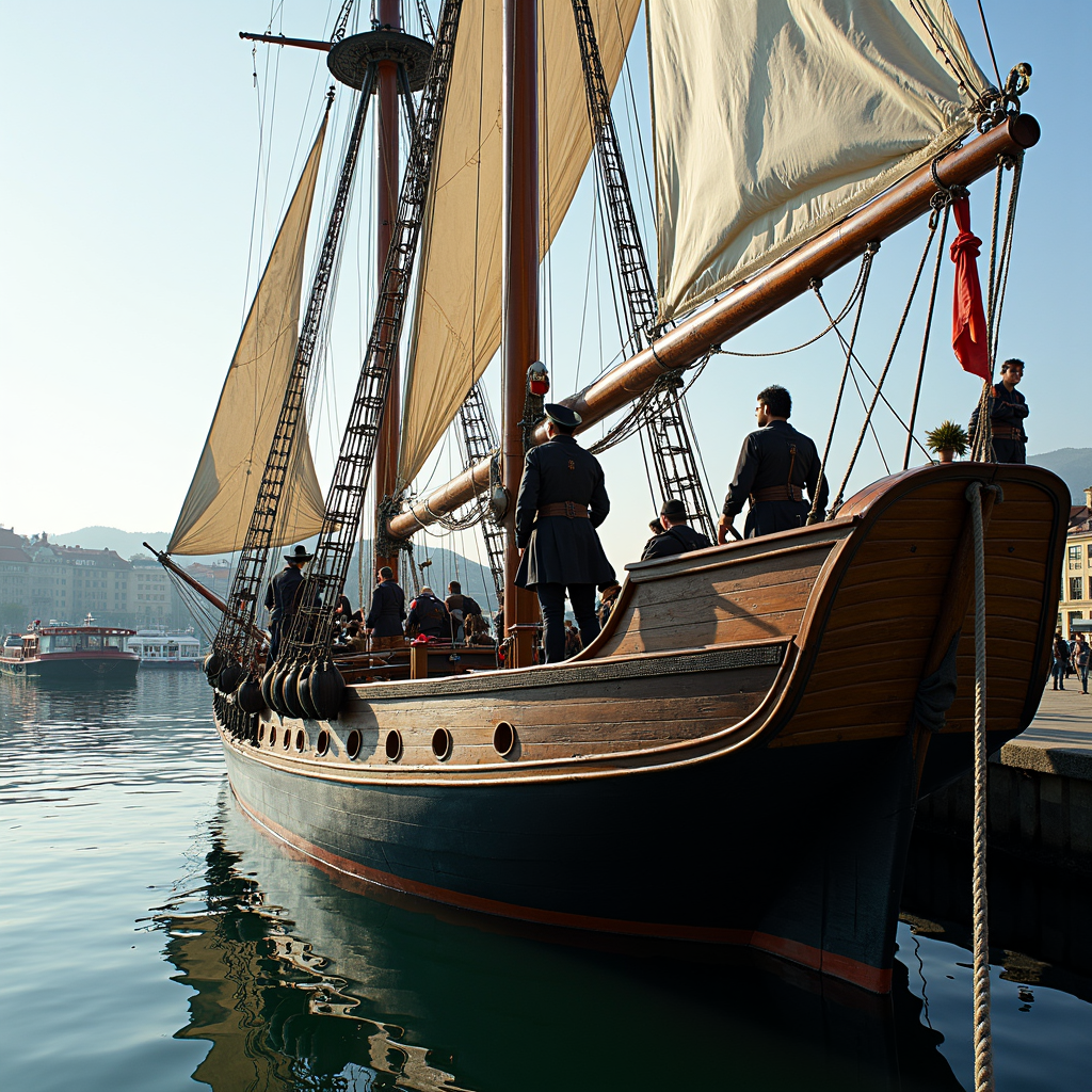 A vintage wooden sailboat with towering masts and billowing sails is docked by a serene waterfront, with several people on deck and another boat in the background.