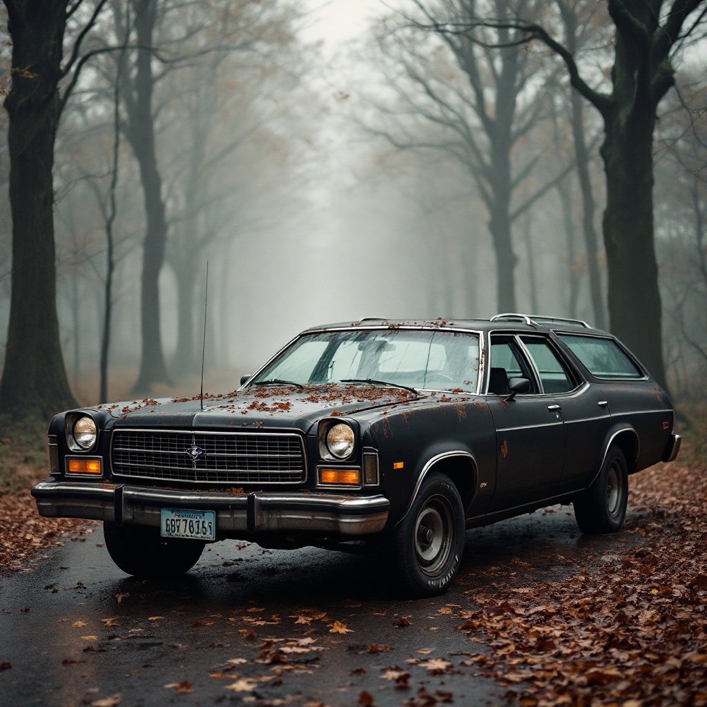 An old worn-out rusty matte black Ford Gran Torino wagon from 1975 is parked on a damp road in a foggy forest during fall. The atmosphere is thick with mist, enhancing the vintage feel of the car. Dark trees line the road, and fallen leaves cover the ground, adding to the autumn vibe. The photograph captures the essence of nostalgia for classic cars. The car's matte black finish contrasts beautifully with the surrounding nature.