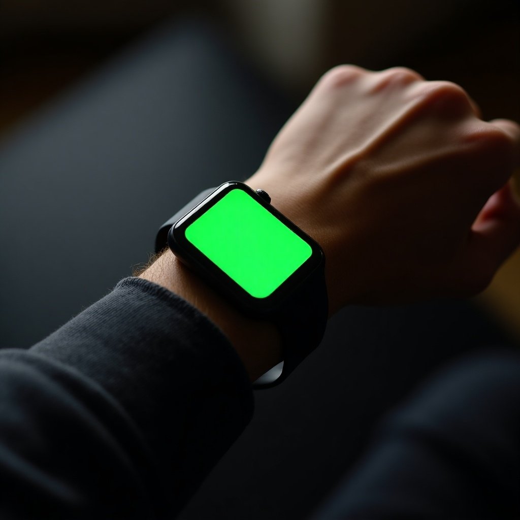 Person wearing a smartwatch with a bright green screen. The scene features a close-up view of the smartwatch on the wrist with a soft, diffused background.