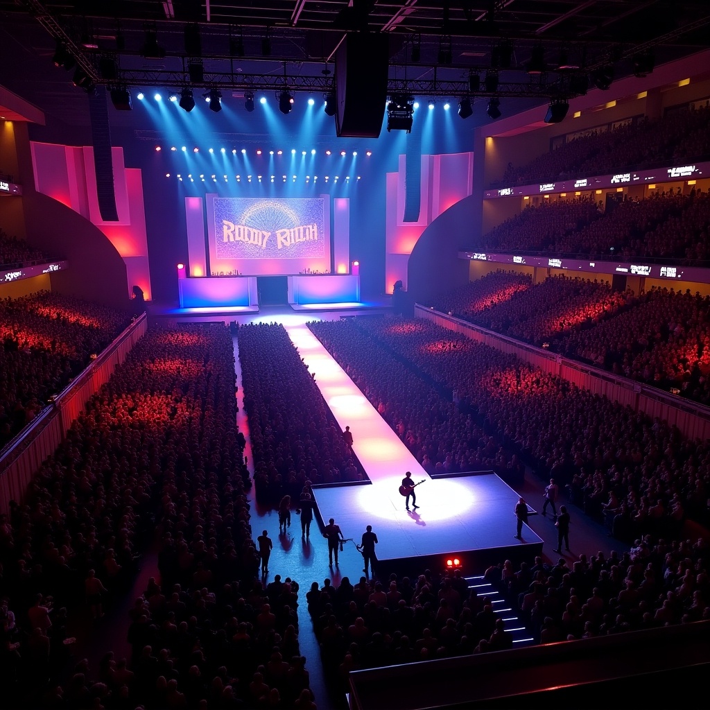 A captivating view of a concert featuring Roddy Rich at Madison Square Garden. The dramatic T-stage runway is lit up in vibrant shades of red and purple. A massive crowd fills the arena, with people eagerly anticipating the performance. The lighting is dynamic and colorful, enhancing the electrifying atmosphere. This aerial perspective showcases the scale and energy of the event.