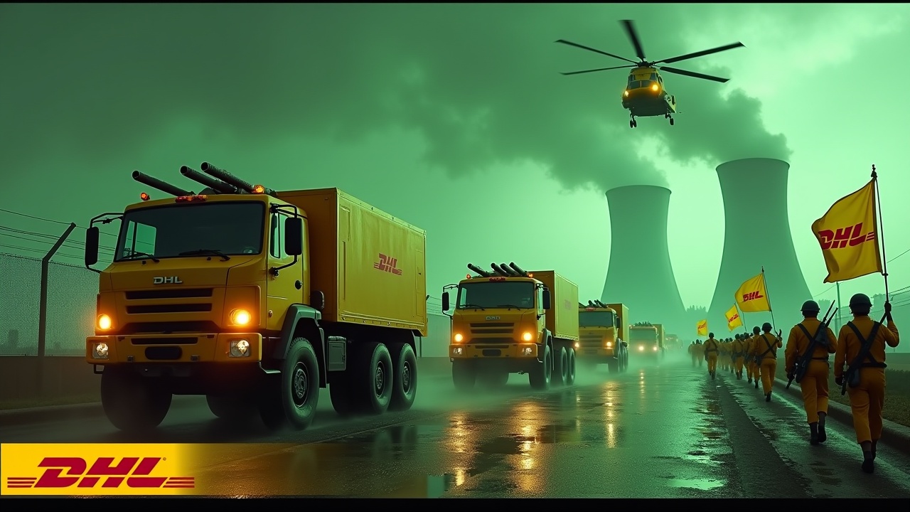 In a dramatic scene, large yellow armored trucks equipped with double barrel roof-mounted cannons approach a fence. The trucks prominently feature the DHL logo. Nearby, soldiers in yellow uniforms march in unison, holding rifles, with one displaying a flag bearing the DHL logo. In the background, the glowing smokestacks of a nuclear power plant can be seen, contributing to the scene's intensity. The sky has an evil green glow, while a yellow Chinook CH-47 helicopter flies overhead. Bold yellow text at the bottom showcases the DHL logo.