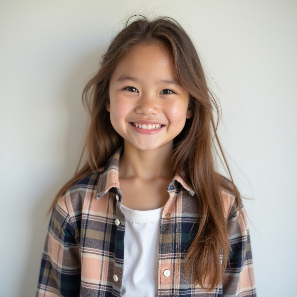 This image showcases a cute girl with a bright smile. She appears to be around 18 years old. The girl stands in front of a plain background that complements her look. Her long, loose hair frames her face, highlighting her cheerful expression. She is dressed in a button-up plaid shirt, enhancing her youthful appeal.