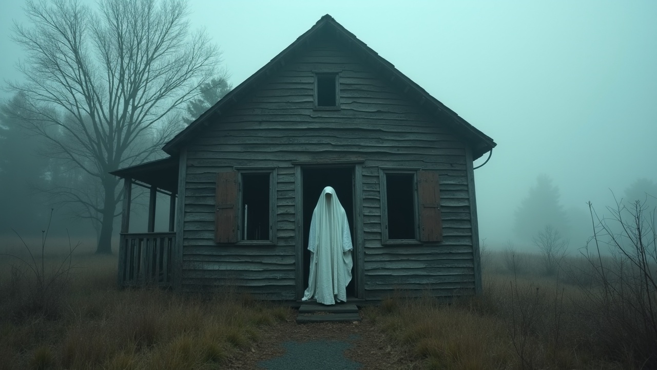 A ghostly figure draped in a white sheet stands eerily at the entrance of an old, weathered wooden house. The environment is shrouded in thick fog, which enhances the image's mysterious and haunting atmosphere. The barren trees and overgrown grass add to the desolate and eerie setting, suggesting an abandoned and forgotten place.