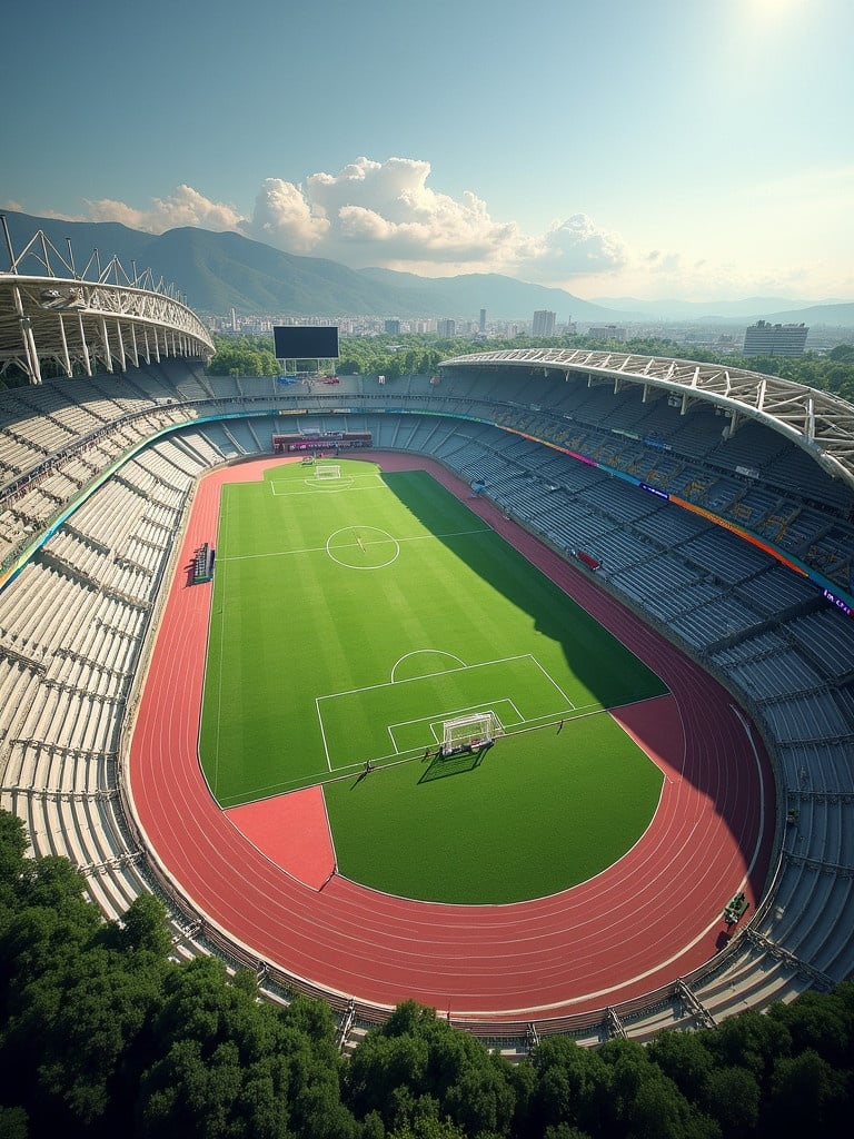 An aerial view of a unique stadium combining features of traditional Olympic stadiums and soccer specific stadiums. The stadium has two tiered stands on east and west sides and a single tier on north and south. It can hold 60,000 people. A traditional running track is along the east and west sides with the pitch adjacent to the north and south stands.