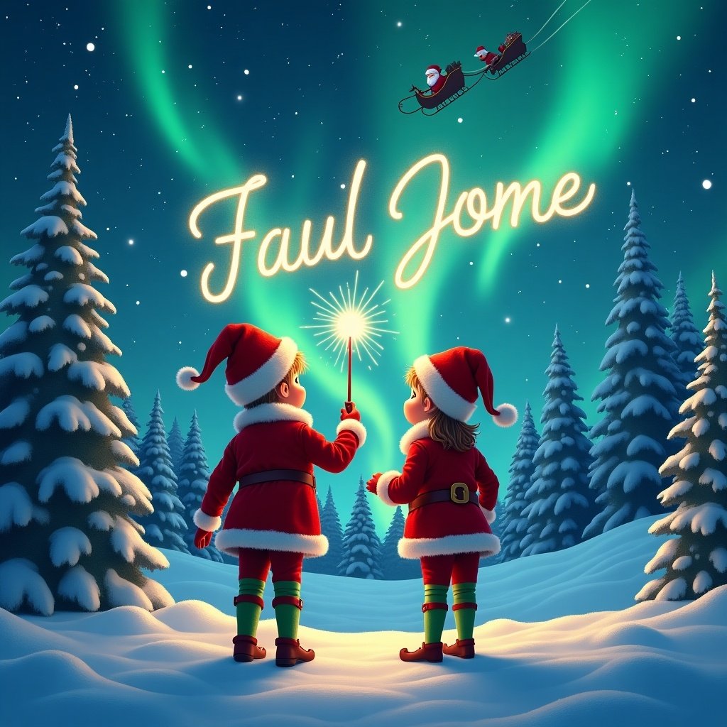 A festive scene showcases two young elfs facing away while gazing at a magical sky. One elf writes a child's name with a glowing wand against enchanting northern lights. The snowy landscape includes snow-covered trees. In the distance, Santa Claus flies in his sleigh. The ambiance captures the spirit of Christmas joyfully.