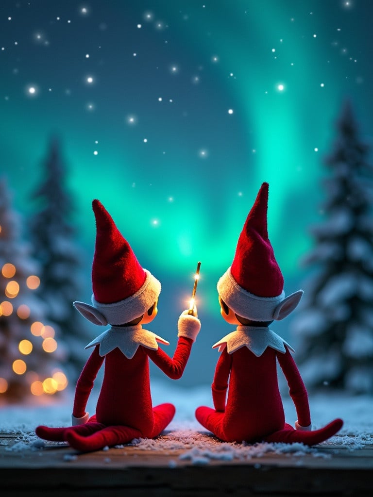 Two elves are looking up at the sky. They have red hats and red outfits. One elf is holding a wand. They write in the sky. The background features colorful northern lights along with Christmas trees. The scene conveys a holiday spirit with a touch of magic.