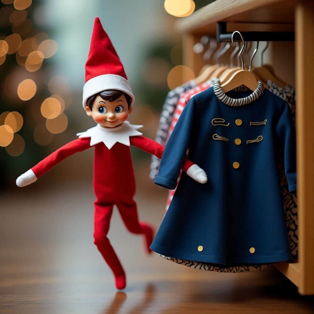 Elf on the shelf running while shouting words and pulling a dark blue wardrobe. Scene set in a festive environment with soft lighting.