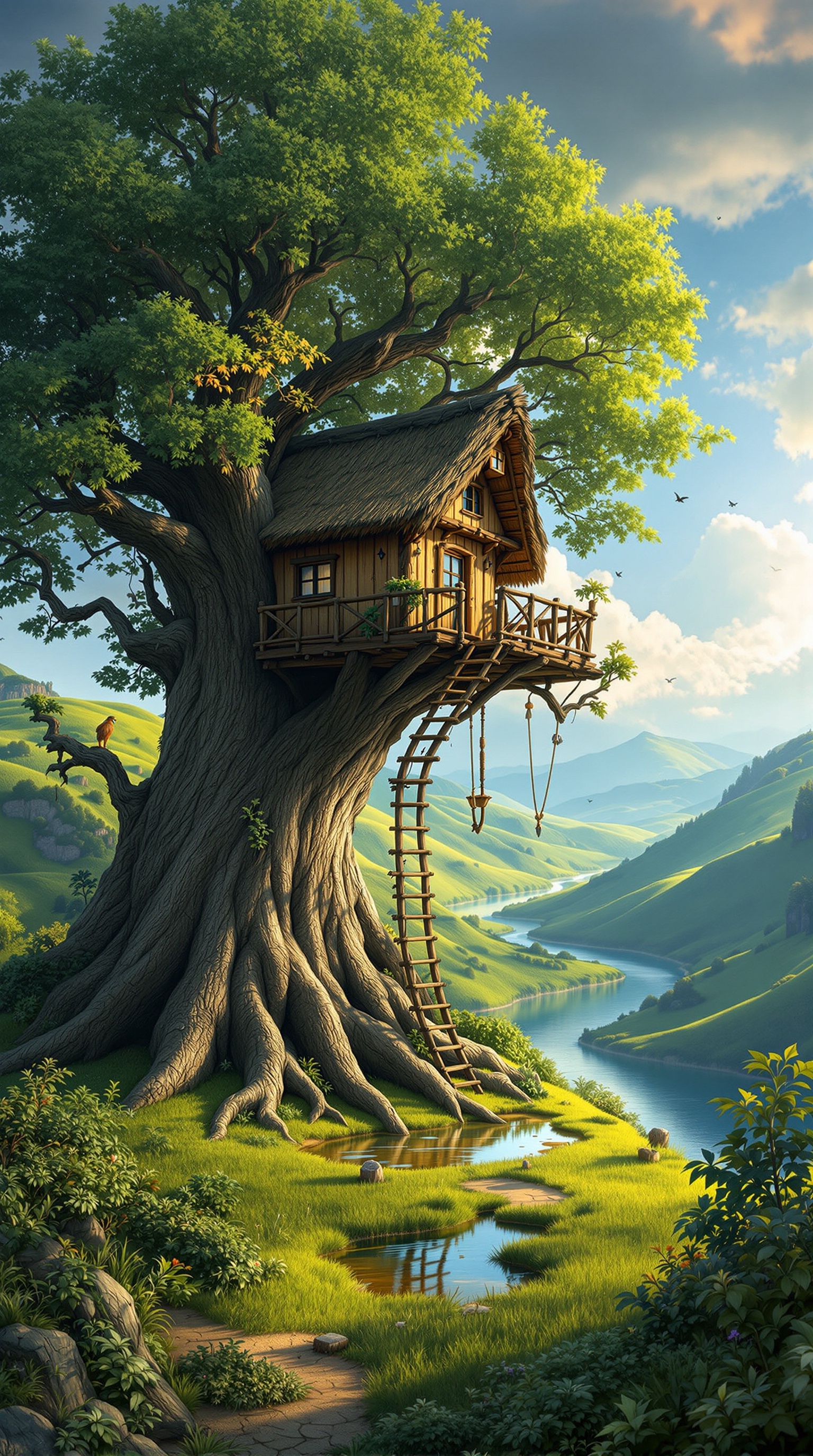 Hyperrealistic treehouse with a thatched roof and rustic wooden walls. Elevated on stilts supported by tree branches. Wooden ladder leads to the treehouse entrance. The tree is massive with gnarled trunk and sprawling roots. Lush green landscape with rolling hills and winding river in the background. A small pond reflects the scene. Sky is a mix of blue and gray with fluffy clouds. Warm sunlight casts glow over the enchanting atmosphere. Detailed with vibrant colors and textures. Birds fly in the sky.