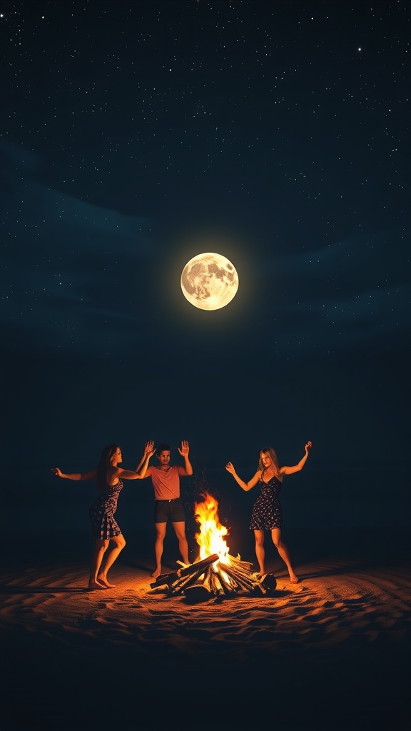 The image captures three individuals dancing around a bonfire on a sandy beach under a clear night sky adorned with twinkling stars and a prominent full moon. The scene evokes a sense of freedom and joy, highlighted by the warm glow of the fire lighting up their faces and casting long shadows on the sand.