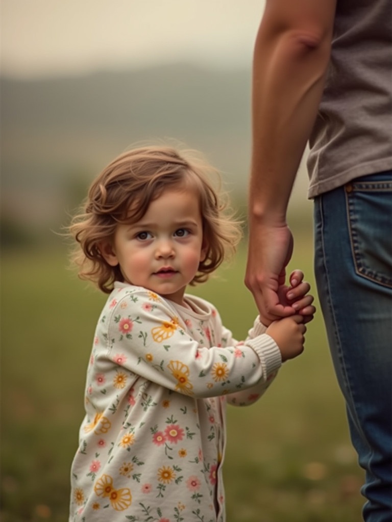 An adult and a child are holding hands in a natural outdoor setting. The focus is on their hands. Soft and warm lighting enhances the intimate atmosphere.