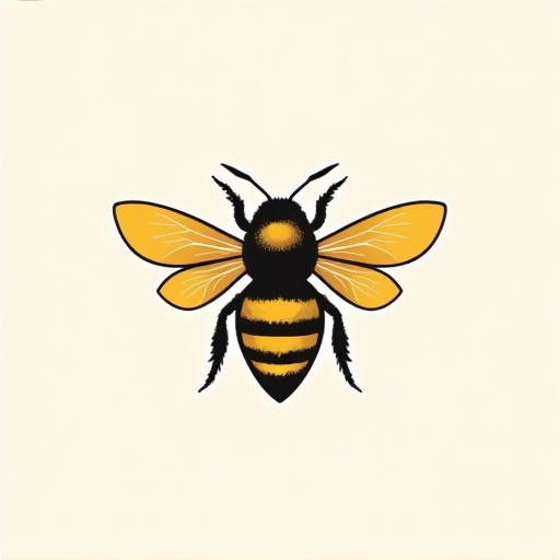 Illustration of a bee. Stylized image with black and yellow colors. Simple background. Clear and bold design. Suitable for logo use.