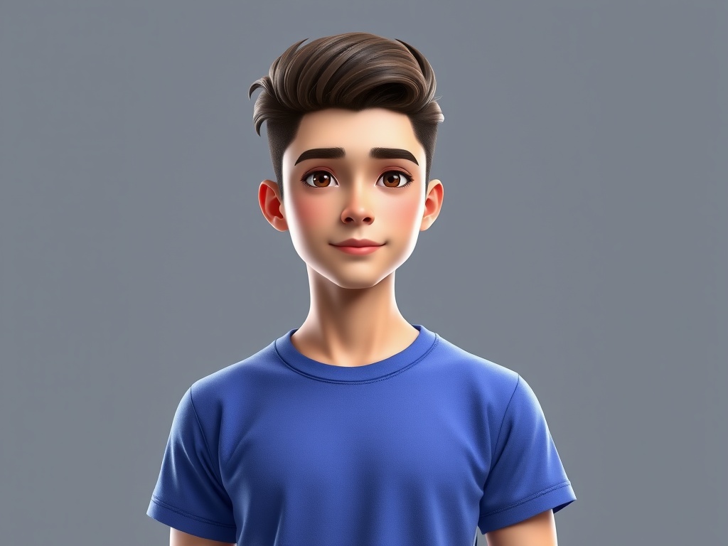 A stylized animation of a young boy with short hair, wearing a blue shirt, set against a plain background.