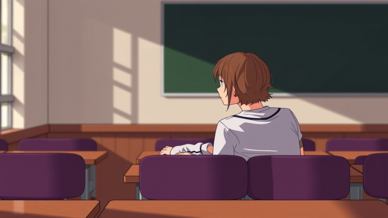 The image depicts a young student sitting alone in a sunlit classroom, looking contemplatively towards the blackboard. The warm rays of sunlight streaming through the windows create a pattern on the wall, adding a serene yet introspective mood to the scene. The classroom is empty, enhancing the sense of solitude and reflection.