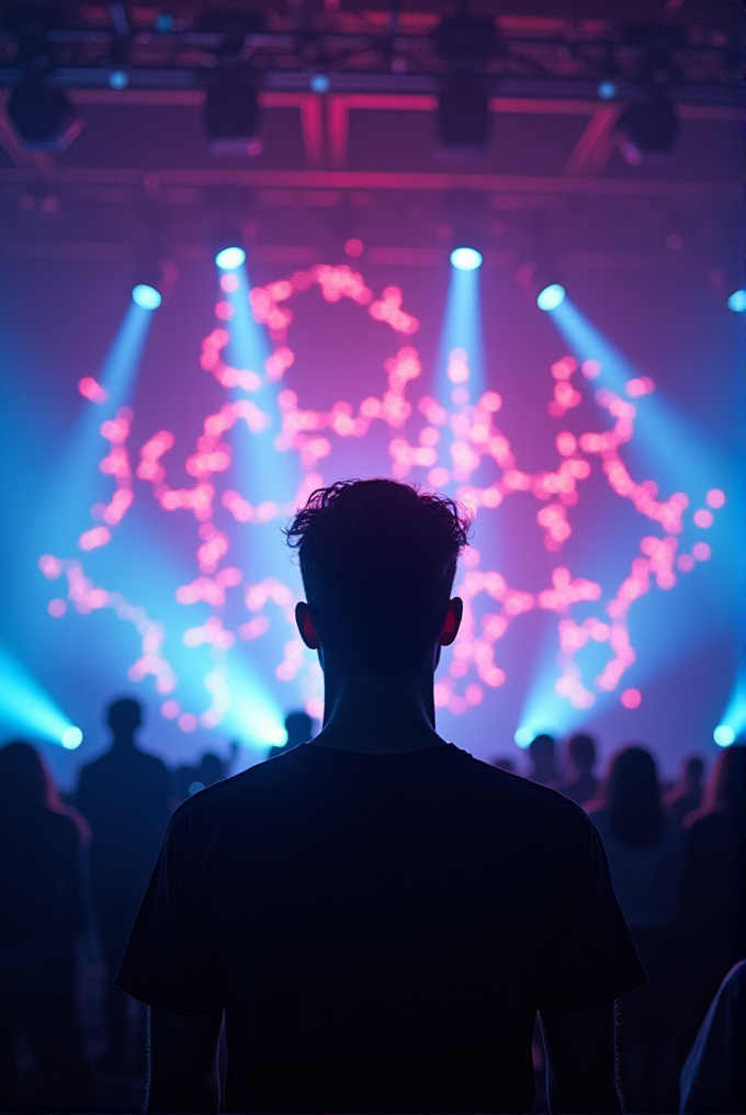 A person stands silhouetted against vibrant pink and blue stage lights, surrounded by an audience.