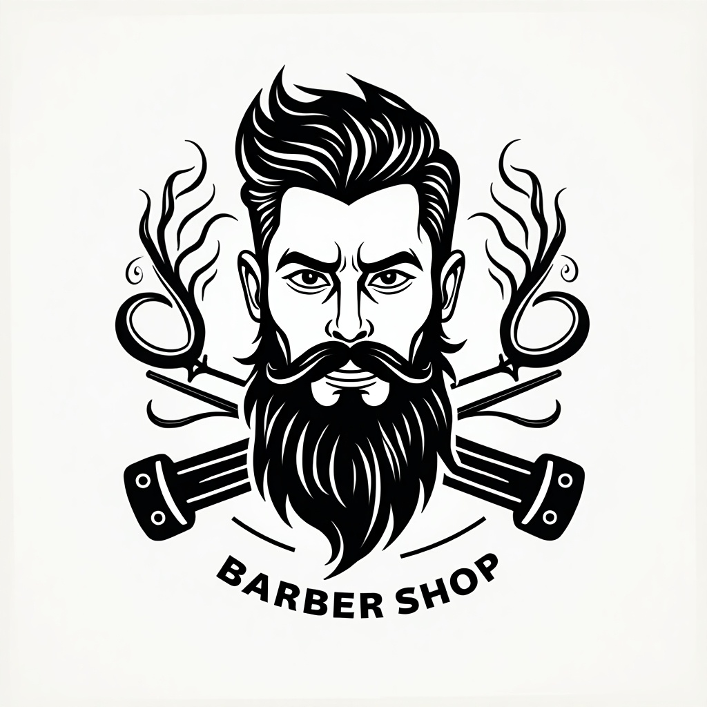 This image is a logo for a barbershop featuring a stylized bearded man. His face shows confidence and masculinity, with an intricate hairstyle and a full beard. The design includes decorative elements, like smoke or curls, adding a vintage barber vibe. The words 'BARBER SHOP' are prominently displayed beneath the character. The overall color palette is monochromatic, emphasizing the clean and bold lines of the illustration.