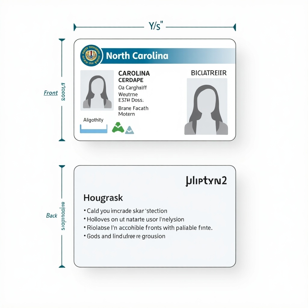 Design of a North Carolina identity card showing front and back. Features state seal and cardholder photo. Includes security elements like hologram and microprinting. Card dimensions follow standard size guidelines with readable fonts and a clear structure.