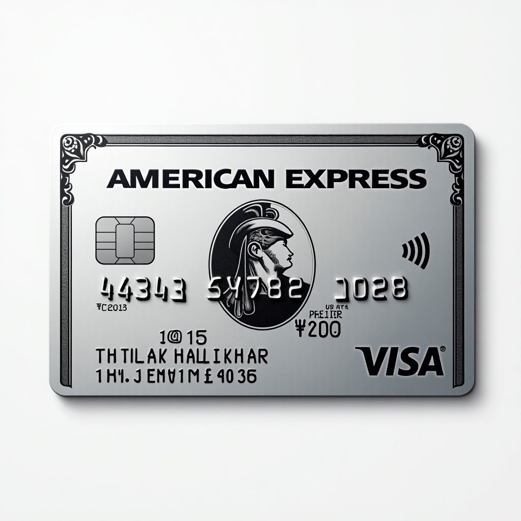 Realistic image of platinum American Express credit card. Visa logo prominently displayed. Distinct details are clearly shown. Cardholder name Thilak Hallikar included. Expiry date March 2028 noted. Silver background with bold black font represents modern elegance.