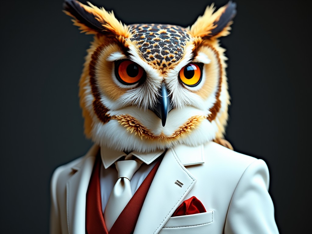 This is a whimsical digital art piece featuring an owl dressed in a stylish white suit complete with a red vest and pocket square. The owl's large, expressive eyes are accentuated by the detailed feathers, which contrast strikingly against the formal attire. The background is kept simple and dark, putting the focus entirely on the distinguished and unique owl character.