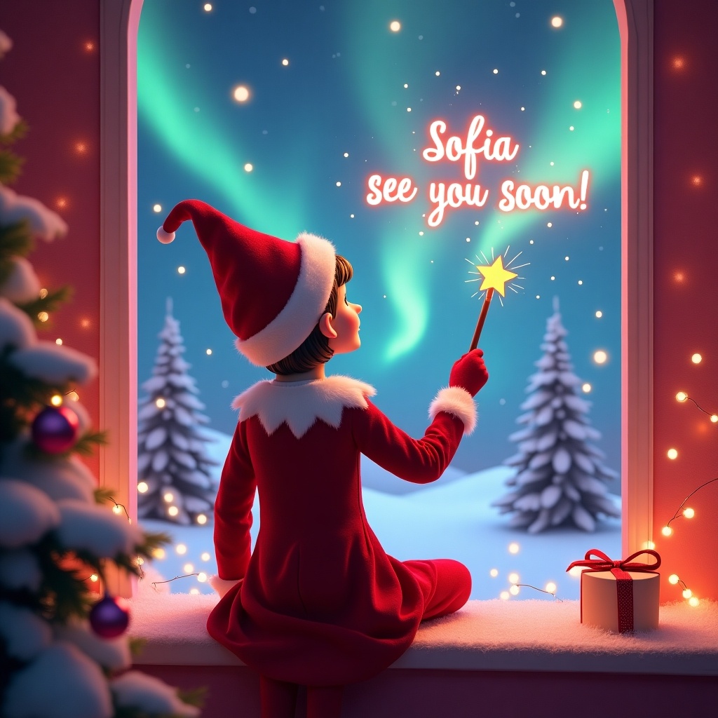 An enchanting Christmas scene featuring a female elf on the shelf, dressed in red and white. She is sitting by a window, facing the night sky with her back to the viewer. The elf wields a glowing magic wand, writing 'Sofia see you soon!' in shimmering letters above her. The backdrop showcases vibrant northern lights casting a magical ambiance. The entire scene is festive and pink, portraying the joy of the holiday season. This whimsical setup captures the excitement and wonder of Christmas.