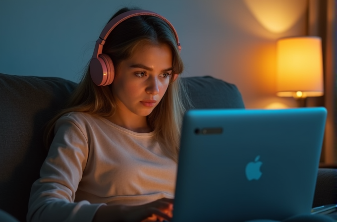 A young woman with headphones is intently using a laptop in a dimly lit room, illuminated by a warm lamp.