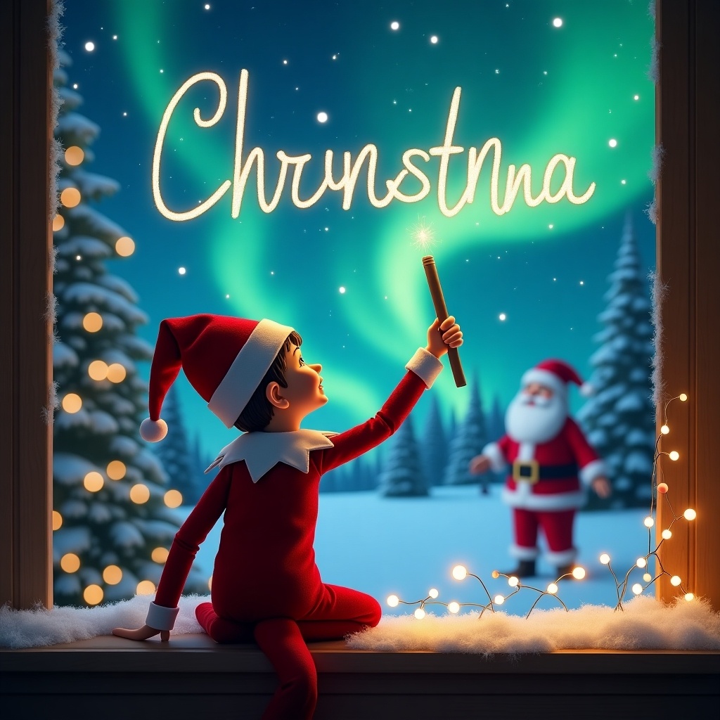 The image features an elf on the shelf with his back to the viewer, facing the night sky. He uses a wand to write a child's name in a glowing script. The background is infused with the magical essence of Christmas, showcasing vibrant northern lights. In the distance, Santa Claus can be seen, adding to the festive atmosphere. The entire scene radiates joy and magic, perfect for the holiday season.