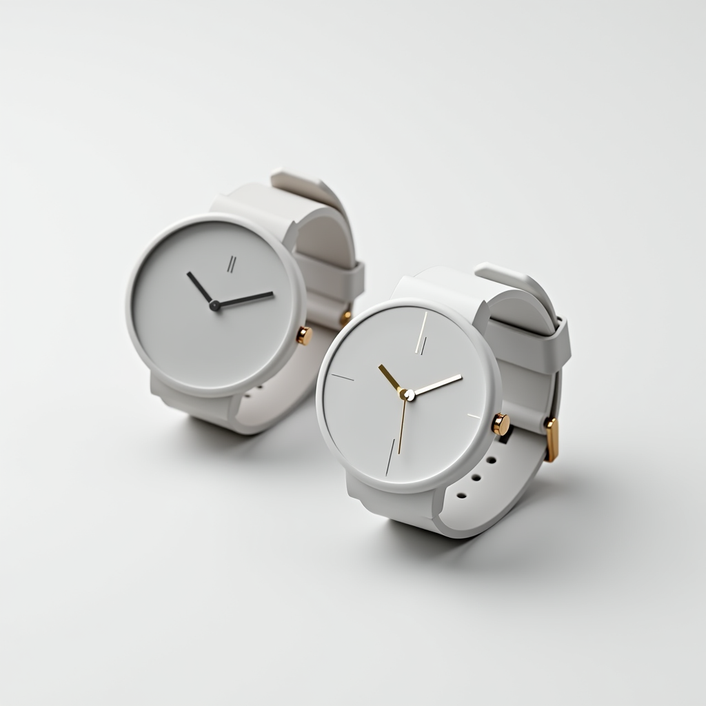 A pair of elegant and minimalistic white wristwatches with sleek designs, one featuring black hands and the other gold.