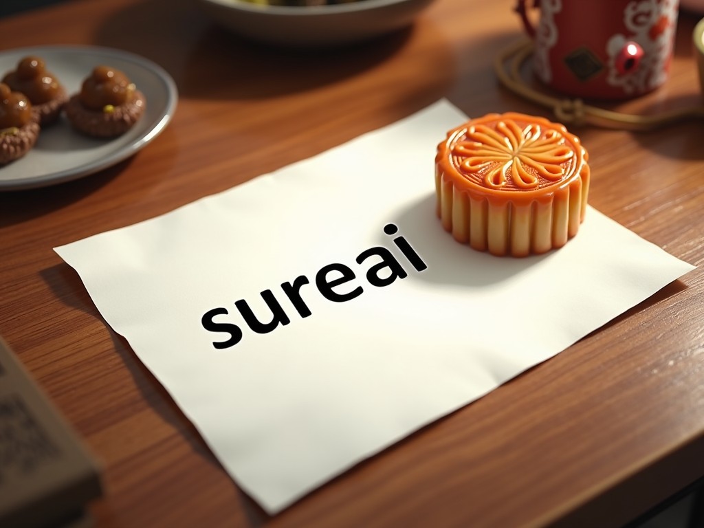 A mooncake placed on a paper with the text 'sureai', surrounded by other pastries and a tea cup on a wooden table.