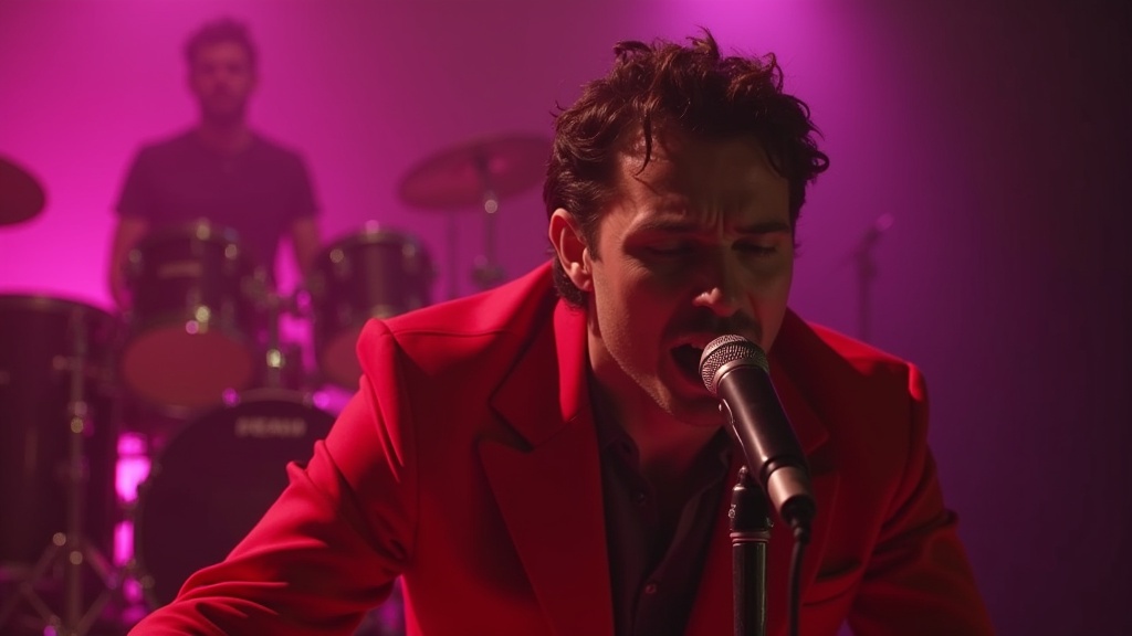 The image features a male performer mid-song with intense emotion. The singer leans toward the microphone dressed in vibrant red stage clothing. Background shows instrument silhouettes, particularly a drum set, with dramatic lighting. Sharp rim lights outline the performer with soft pink hues enhancing the emotional moment. Shallow depth of field keeps focus on the expressive face.