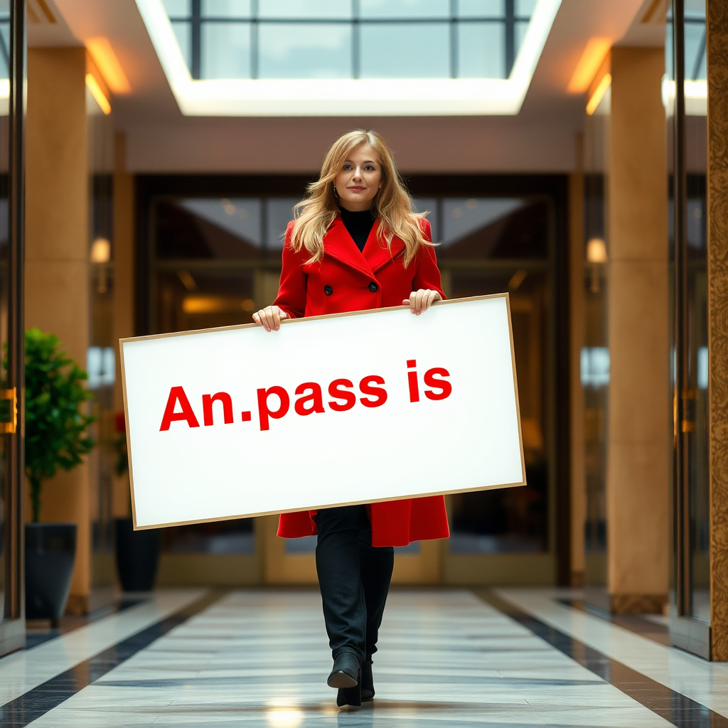 A woman in a red coat holds a large sign with bold red text.