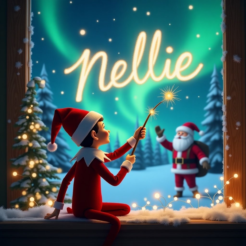 Elf on the shelf sits with back to image. Elf uses a magic wand to write 'Nellie' in the air. Magical Christmas background with northern lights and Santa. Joyful holiday scene.