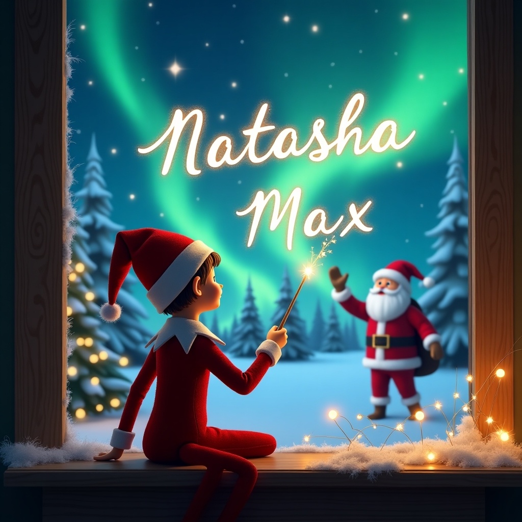 An elf on the shelf sits with his back to the viewer, legs crossed on a windowsill. He gazes up at the night sky, illuminated by vibrant northern lights. With a magical wand, he elegantly writes the names 'Natasha' and 'Max' in the air. In the background, Santa Claus waves cheerfully, surrounded by a snowy landscape. Decorative lights twinkle gently around the elf, enhancing the festive atmosphere. The scene captures the essence of Christmas magic and childhood wonder.