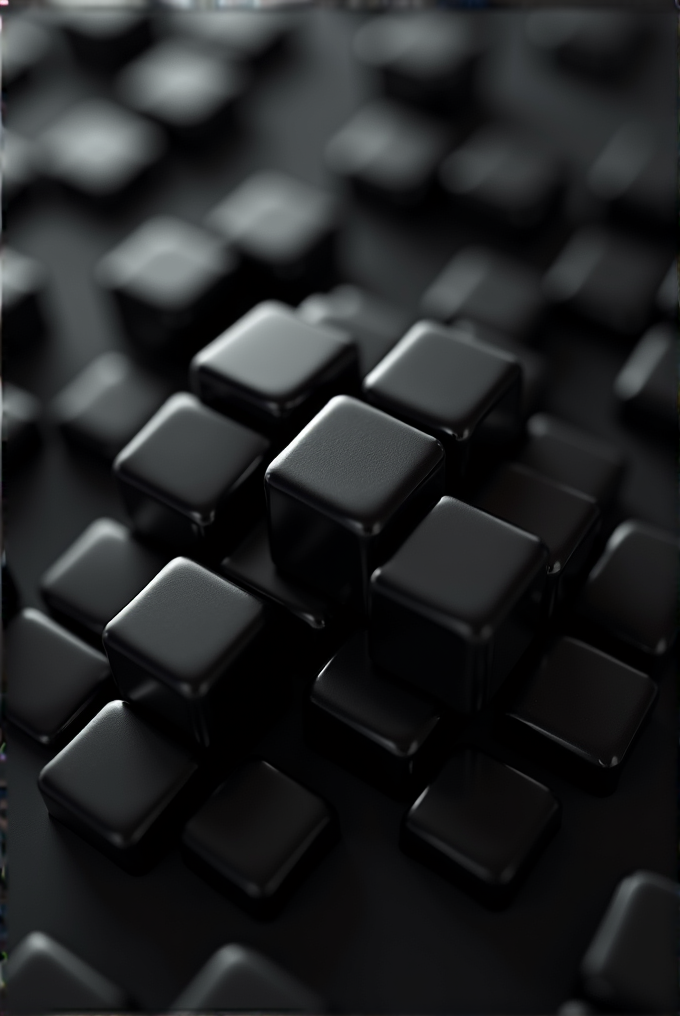 A collection of shiny black square blocks arranged neatly on a dark surface.